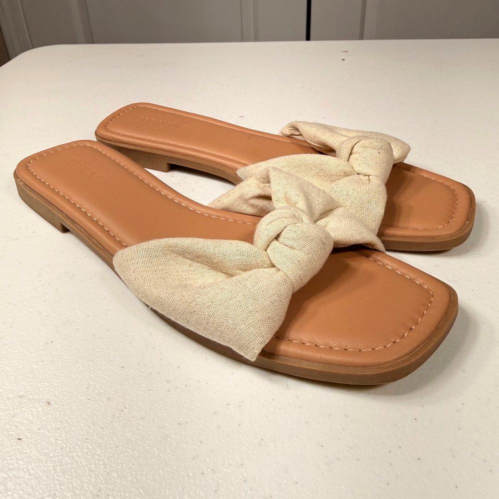 Old Navy Women's Size 8 Beige Linen Knotted Bow Slide Sandals Square Toe Flats
